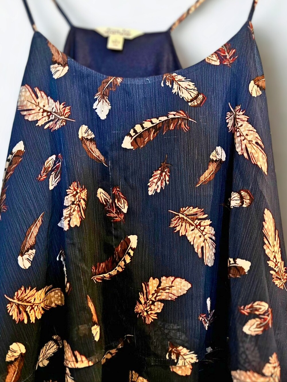 Navy Feather Print Cold-Shoulder Tank Top